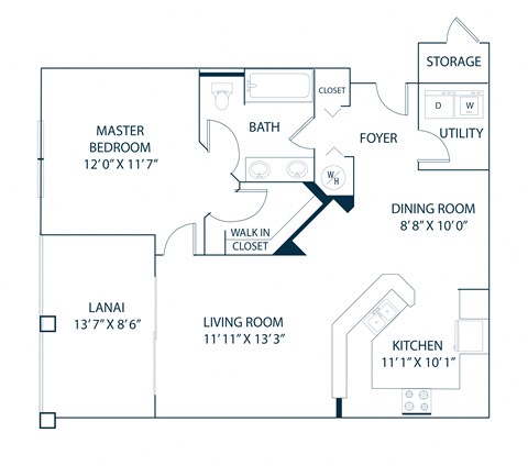 Floor plan for 1 bed, 1 bath, 782 sqft
